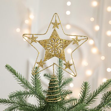 YIMWNYI Xmas Topper Cime d'Arbre Lumière de Noël, Topper d'Arbre Étoile à 5 Pointes Doré, Décoration d'Arbre des Fêtes, Ornement de Noël Intérieur Extérieur, Embouts Étoile Scintillants