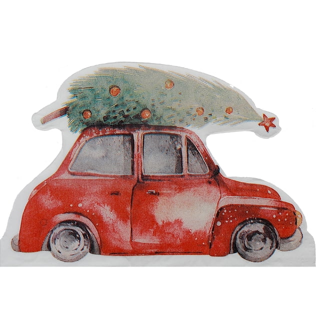 Lot de 12 Serviettes en Forme 3 Épaisseurs (Arbre sur Voiture Rouge) - Ensemble de 6 Serviettes en Forme Représentant une Voiture vintage Rouge Portant un Sapin de Noël Vert Décoré d'Ornements orange et une Étoile Rouge sur le Dessus, Fabriqué à Partir de Papier 3 Épaisseurs Doux et Absorbant, Convient pour l'Automne Ou pour les Tables des Fêtes.