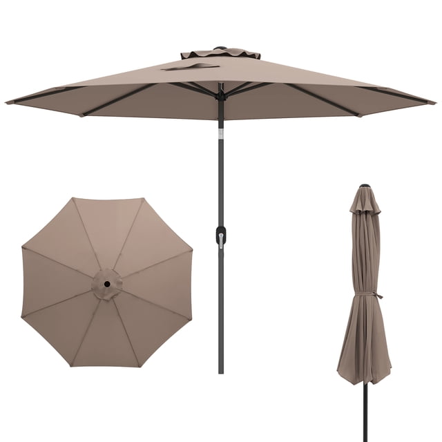 Gymax Parasol de Patio 300 cm, Parasol de Marché Extérieur Robuste avec Auvent en Tissu polyester Ventilé beige pour protection Solaire et ventilation. Doté d'Un Poteau en Métal Enduit de Poudre Résistant à la Rouille, de 8 Nervures Robustes, d'Une Manivelle pour un Fonctionnement Fluide et d'Un Mécanisme d'Inclinaison pour l'Ombre Ajustable. Comprend une Sangle de Fixation pour un Rangement Sécuritaire. Idéal pour patios, Jardins et Bord de Piscine.