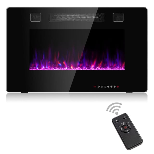 30-inch electric fireplace insert with a black tempered glass frame, showcasing LED flames in 12 adjustable colors and a crystal bed. Features 750W and 1500W heat settings, ETL certification for safety, and a timer function. Includes a remote control for convenient operation and supports wall-mounted or recessed installation. Suitable for home, office, or RV use as a fireplace heater.