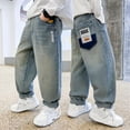 thumbnail image 2 of Boys' Baggy Jeans Straight Leg Jeans With Pockets Elastic Waist Distressed Ripped Denim Pants With Holes，, 2 of 6