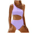 thumbnail image 3 of Womens Swimsuits Tankini One Shoulder Bathing Suits Full Coverage Keyhole Solid Women's Swimwear Purple, 3 of 4