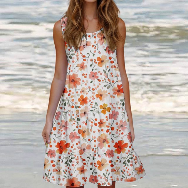 Ovzne Robes pour Femmes Robe d'Été Mode pour Femmes Vacances d'Été Couleur Unie Sans Manches Robe de Fête de Plage Robe d'Été Imprimée Liquidation