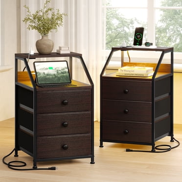 GUNAITO Table de Chevet avec Station de Recharge et Ports USB Ensemble de 2 Tables d'Appoint Modernes pour Chambre Salon Brun Rustique