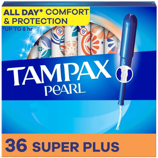 Tampax Pearl Tampons with LeakGuard Braid, Super Plus absorbency, featuring a blue applicator and white string, in a blue and orange box highlighting up to 8 hours of all day comfort and protection, containing 36 tampons for feminine care.
