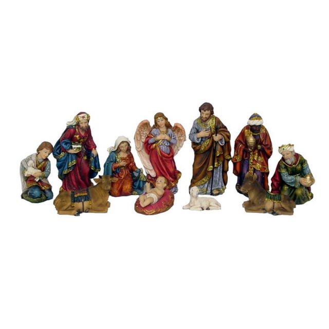 Ensemble de 11 Figurines de la Nativité et des Trois Mages Comprenant 11 Pcs en Polyrésine, Incluant Bébé Jésus, Marie, Joseph, un Berger, Trois Mages, un Ange, une Vache, un Âne et un Mouton. Cette Scène Traditionnelle de la Nativité Est Artistiquement Conçue avec des Détails Réalistes, Idéale pour les Célébrations Religieuses et la Déco de Noël.