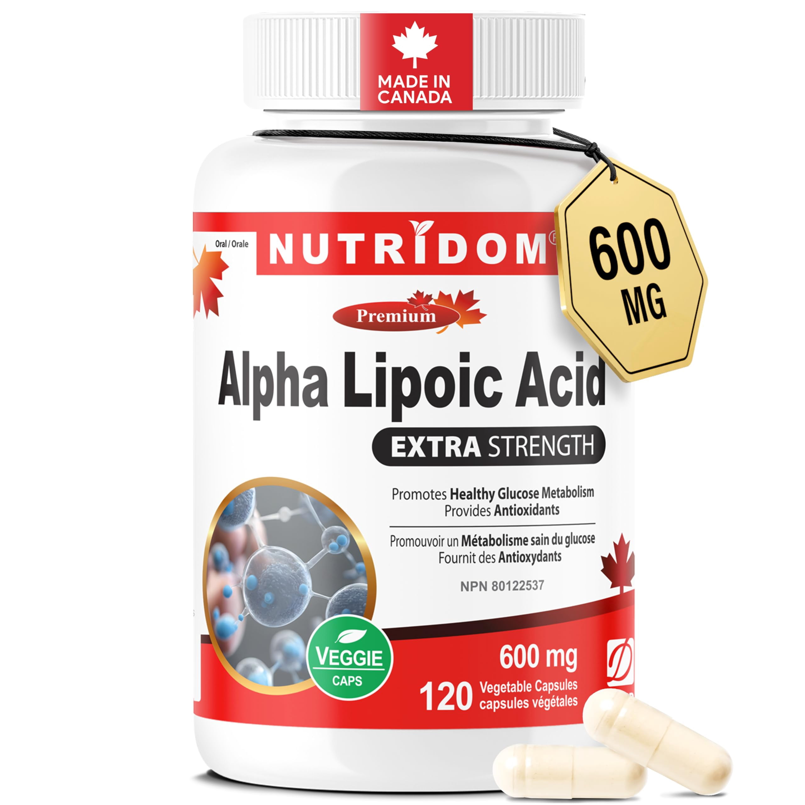 Nutridom Alpha Lipoic Acid 600 mg Capsules, 99   Purity, Antioxidant Support for Healthy Glucose Metabolism, Non-GMO, Vegan, Made in Canada, 120 Capsules