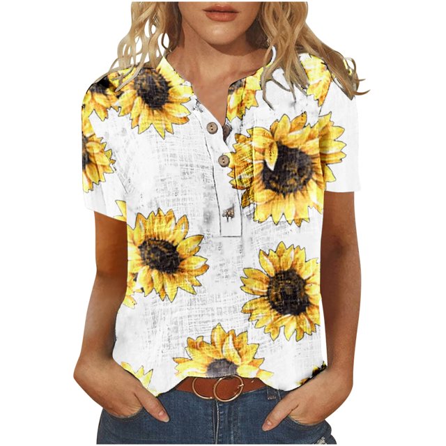 Cameland T-Shirt à Manches Courtes Décontracté d'Été pour Femmes, à Boutons, Col Rond, Chandail Blouse Hauts