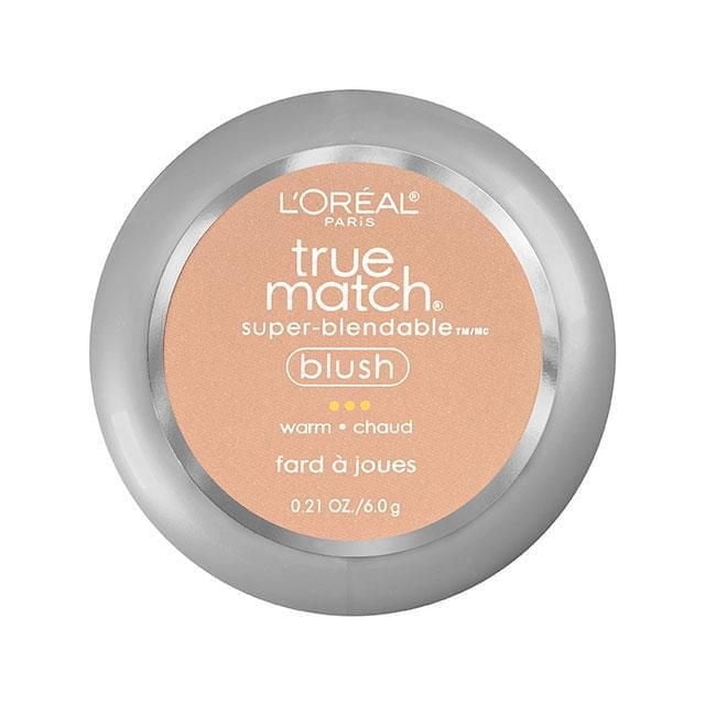 L'Oréal Paris True Match™ Blush, 6 g, in a round silver-gray compact with a peach label indicating a warm shade, a super-blendable powder blush designed to complement skin tone and texture for natural cheek makeup.