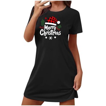 Sakmal Chemises de Nuit Moomoo Ludiques Femmes Ultra Douces Noires Amples Chemise de Nuit de Noël Col Rond Manches Courtes Courte Imprimé Joyeux Noël Chemises de Nuit P-2TG
