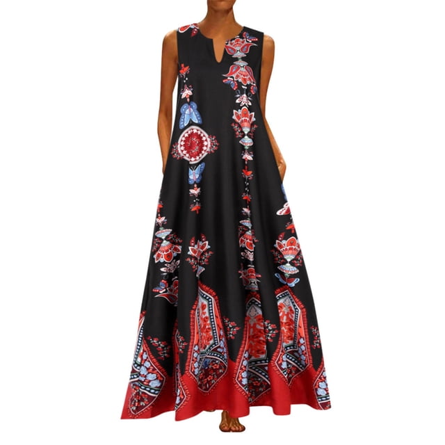 Robe Maxi d'Été Sans Manches à Rayures Imprimées à Col en V Vintage Décontractée pour Femme