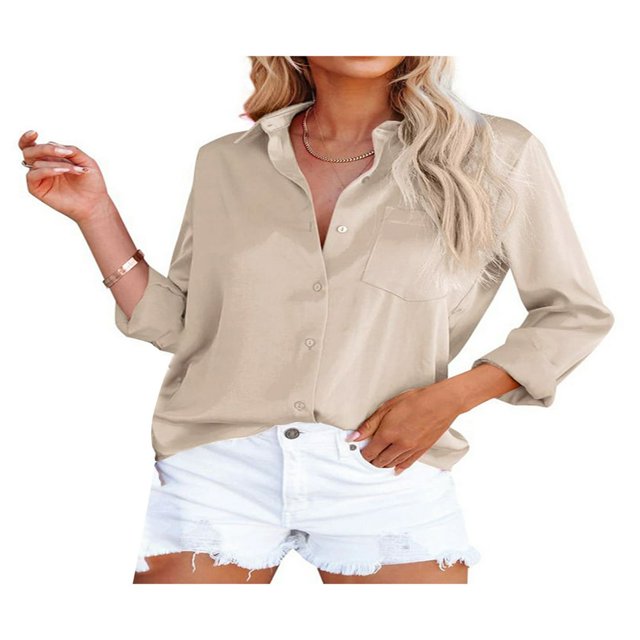 Women Button Down Satin Shirts Long Sleeve Lapel Solid Color Relaxed Fit Office Work Blouse