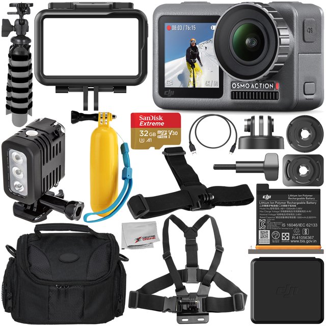 DJI Osmo Action 4K Camera with 32GB Underwater Starter Accessory Bundle – Includes: SanDisk Extreme 32GB microSDHC Memory Card + Carrying Case + Underwater LED Light + Floating Handle + MORE