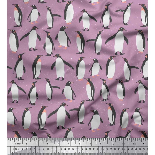 Soimoi Purple polyester Crepe Fabric Penguin Ocean Print Sewing Fabric Yard 42 Inch Wide