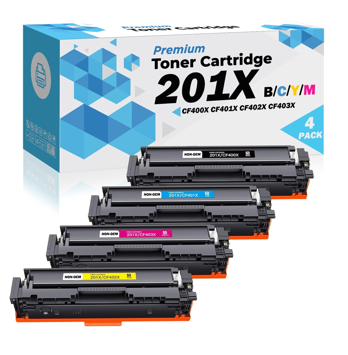PrinterPro™ Compatible Replacement for HP 201X Toner Cartridge CF400X CF401X CF402X CF403X High Yield HP 201A CF400A CF401A CF402A CF403A - HP Color Laserjet Pro M252dw M252n MFP M277dw M277n (1 Set)