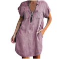 thumbnail image 1 of Robes de Fête pour Femmes Robe Chemise en Denim à Manches Courtes, Robe Tunique en Jean à Demi-Glissière avec Poches Robes Maxi Bordeaux TG, 1 of 6