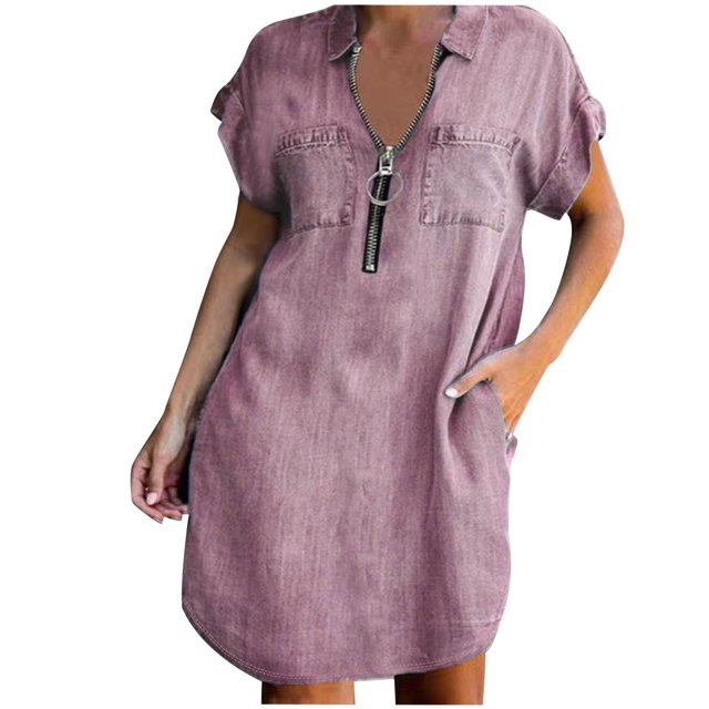 Robes de Fête pour Femmes Robe Chemise en Denim à Manches Courtes, Robe Tunique en Jean à Demi-Glissière avec Poches Robes Maxi Bordeaux TG