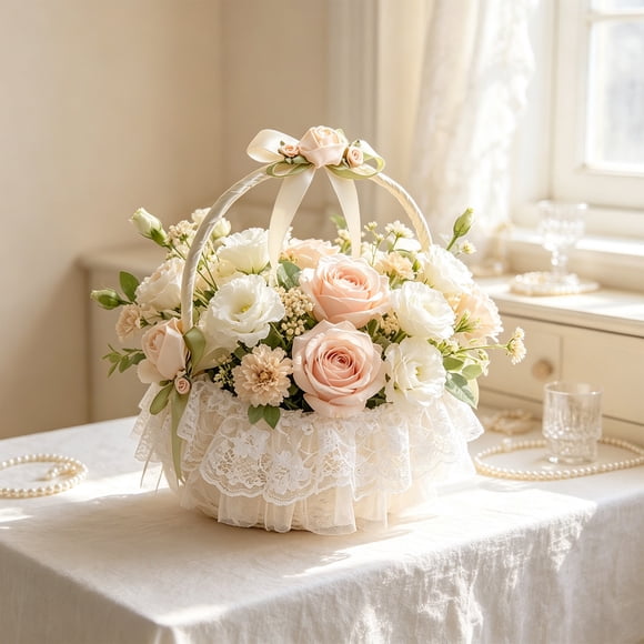 Faux Rattan Weave Flower Basket with Handle for Floral Display and Home Storage Decor