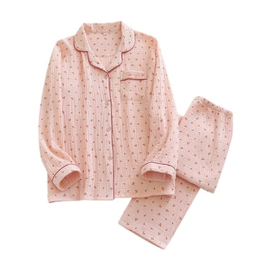 Lixiuxyad Women's Little Cherry Double Crepe Pajamas Lapel Long Sleeves Long Pants Home Clothes Set Pink