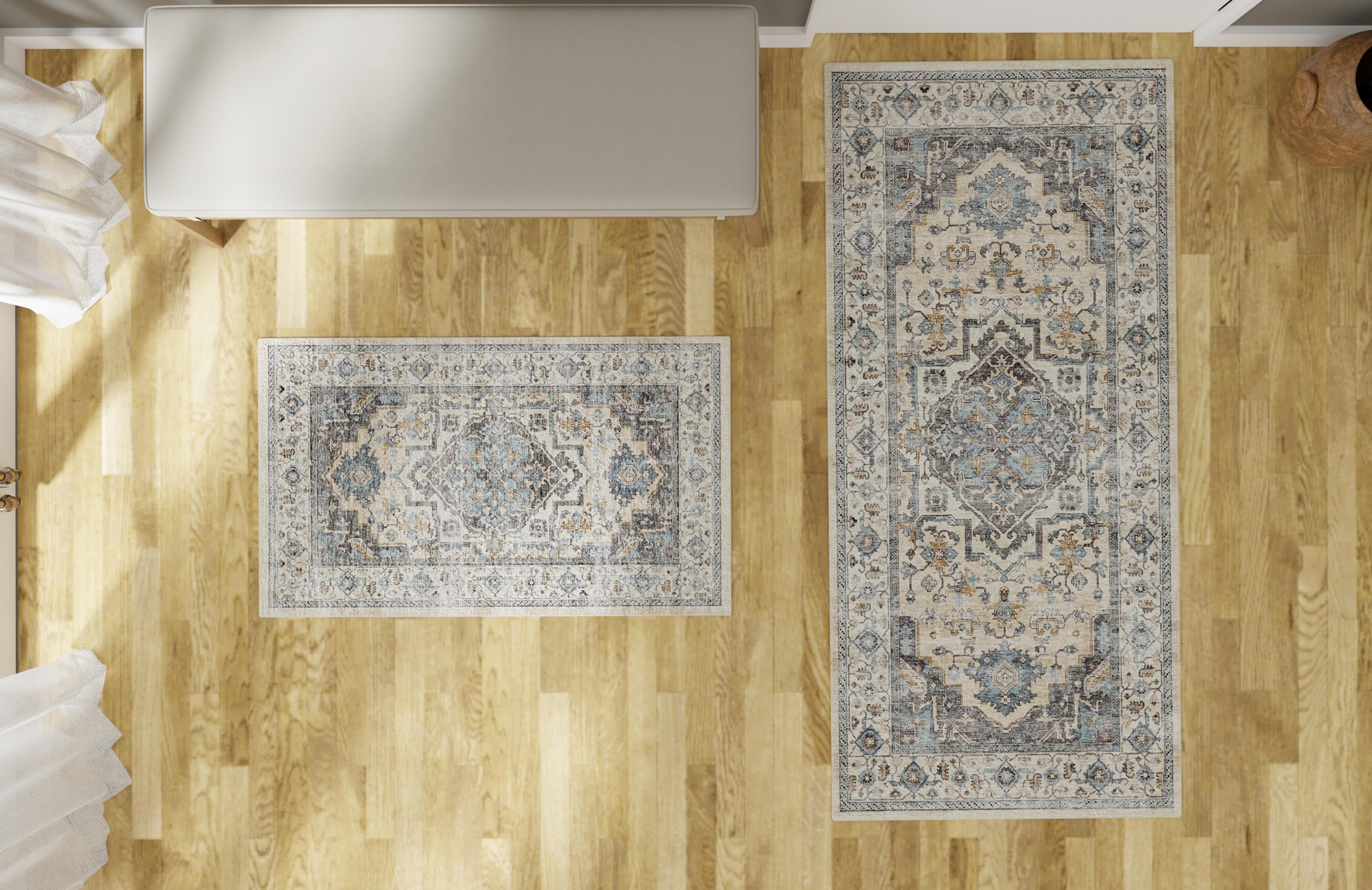Mainstays Ensemble de Tapis d’appoint lavables de style persan, bleu, Tapis pour Entrée et Cuisine, paquet de 2, 18 x 30 et 24 x 48