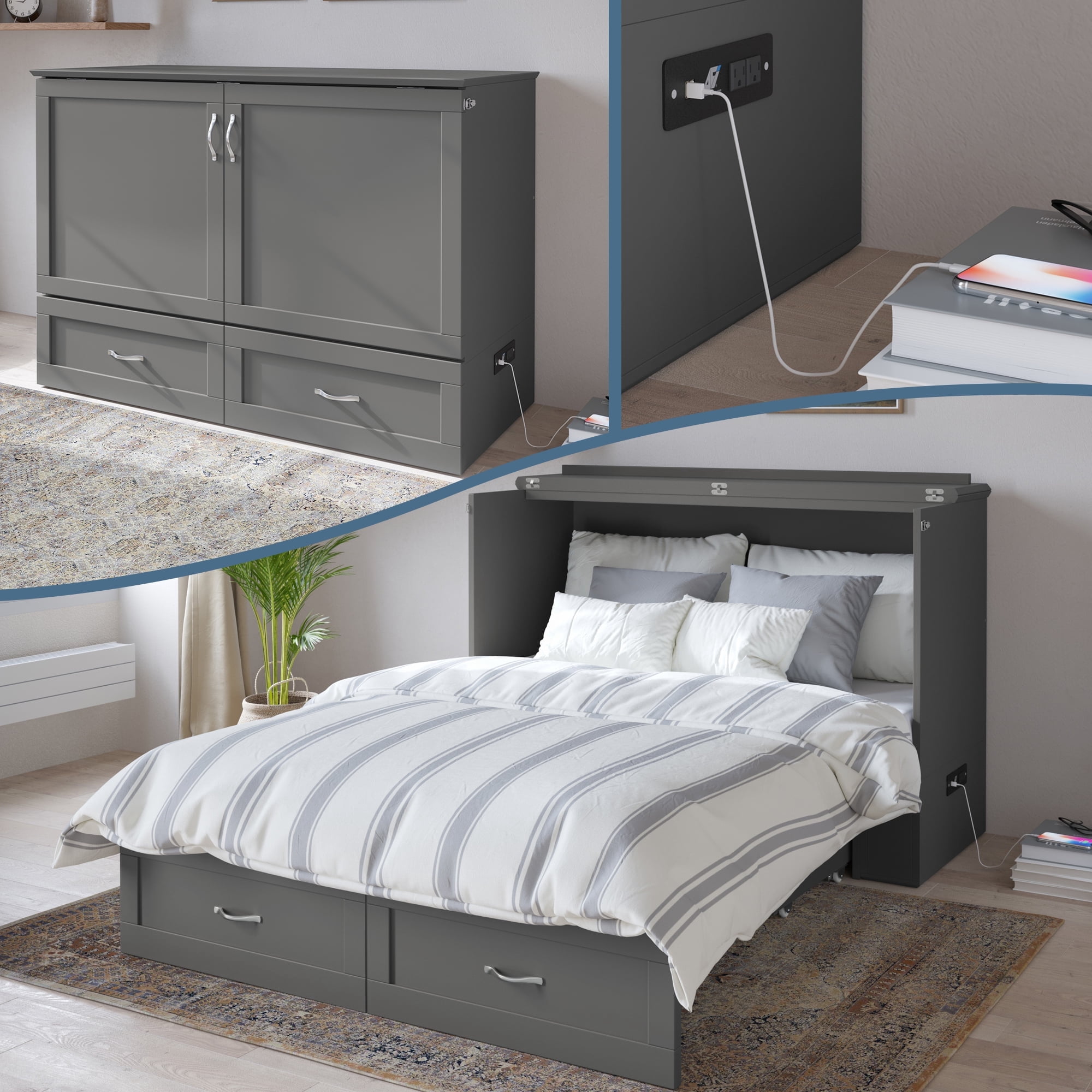 AFI Hamilton Full Solid Wood Murphy Bed Chest with Built-In Charger in Gray