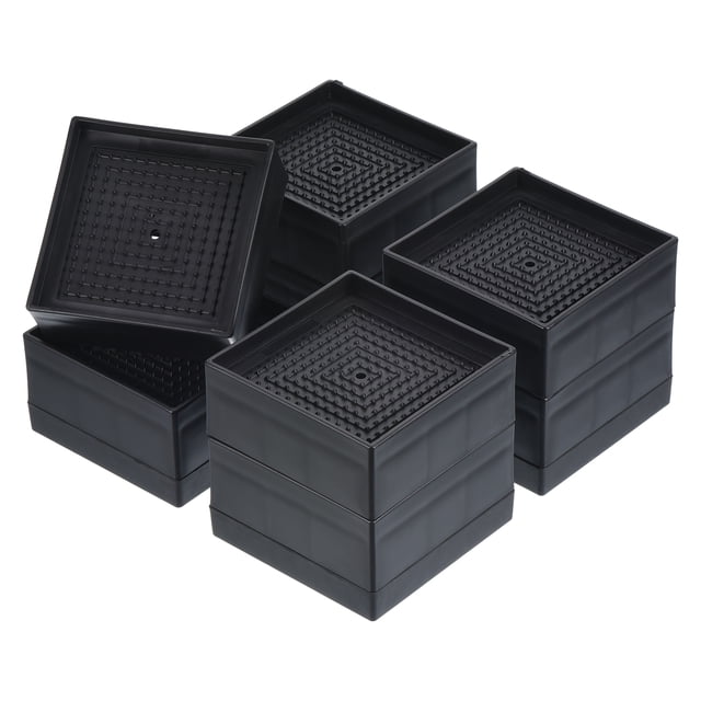 Unique Bargains 3' Bed Risers Furniture Risers Bed Lifters Couch Desk Sofa Table Lift Riser Stackable Up to 1300Lbs, Black 4Pack. A set of four black polypropylene risers with a stackable design, textured surface, and raised edges for stability. Ideal for elevating beds, couches, tables, cabinets, and console tables, providing additional storage space and protecting floors with TPU soft rubber bases. Suitable for living room furniture setups.