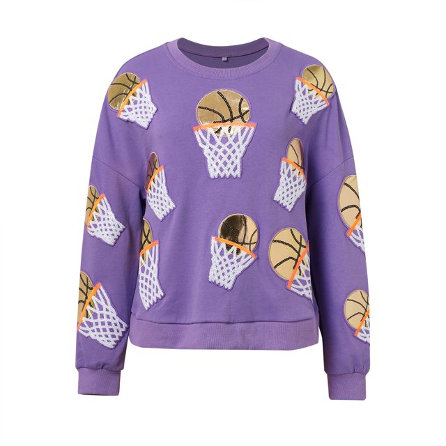 Kcodviy Chandail Court à Paillettes pour Femmes avec Panier de Basketball, Col Ras du Cou, Coupe Ample, Long, Décontracté, en Coton, Col Rond, Chandail Uni, Manches Longues, Chandail à Enfiler