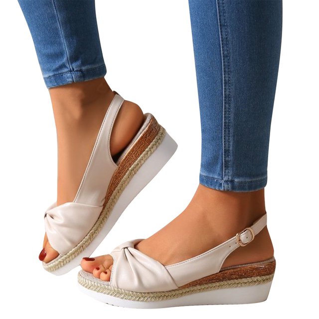Sandals for Womens Wedge Heel Slingback Open Peep Toe Bow Leather Surface Rope Sole Adjustable Buckle Linen Breathable Non Slip Beach Summer Casual Shoes Beige