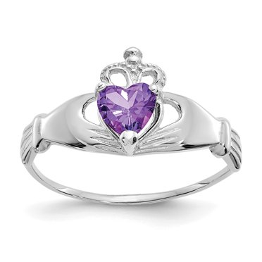 Bague en Or Blanc 14K avec Pierre de Naissance Claddagh en Février