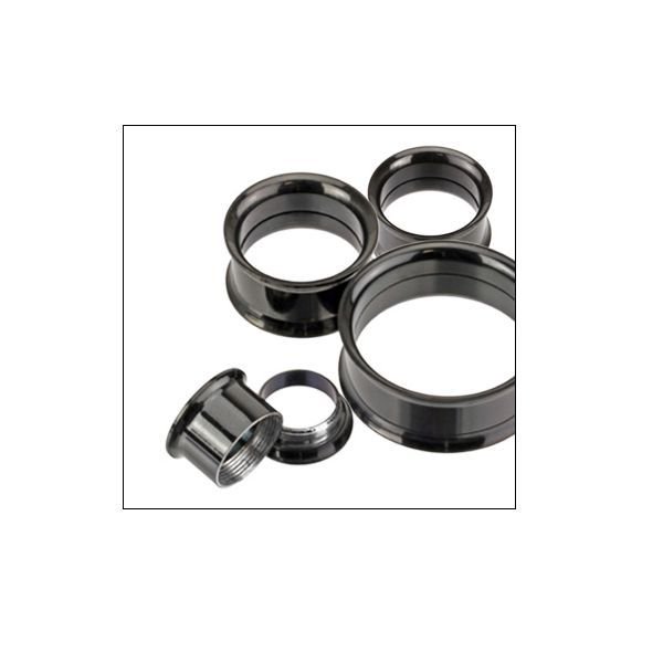 Black anodized titanium ear plugs gauges with double flare screw fit design, sold as a pair. Suitable for body jewelry enthusiasts, available in sizes from 8g to 1 inch, featuring an internally threaded structure for secure wear.