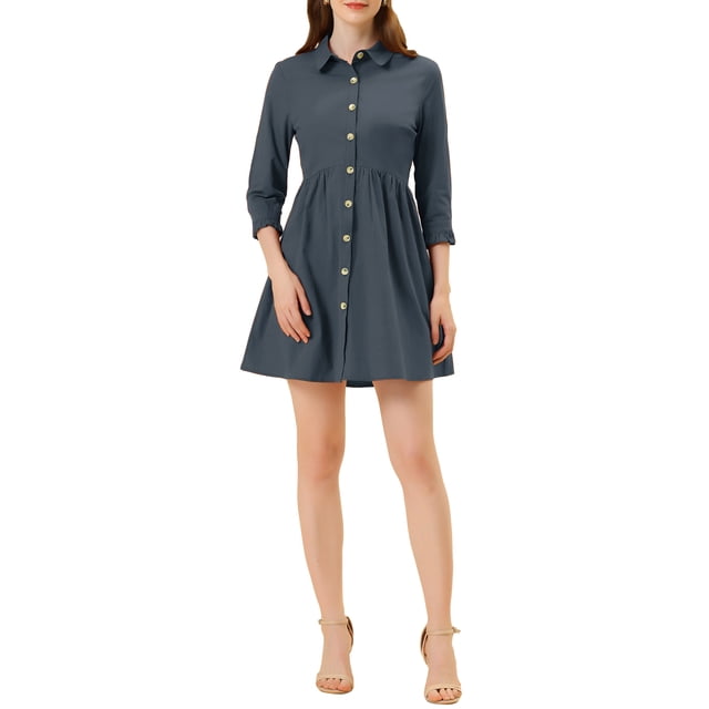 INSPIRE CHIC Robe-Chemise pour Femme Manches 3/4 Boutonnée Mini Robes L Bleu Foncé