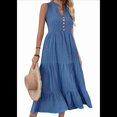 thumbnail image 3 of Robe Chemise Sans Manches d'Été 2025 pour Femmes Col en V Décontractée Midi Bleu P, 3 of 10