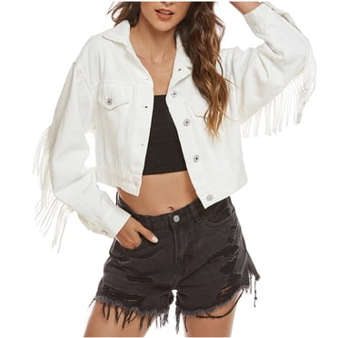 Jean Jacket Coats Women's Fashion Tassel Long-Sleeved Casual Button Loose Denim Jacket with Burrs and Holes S-138 White M