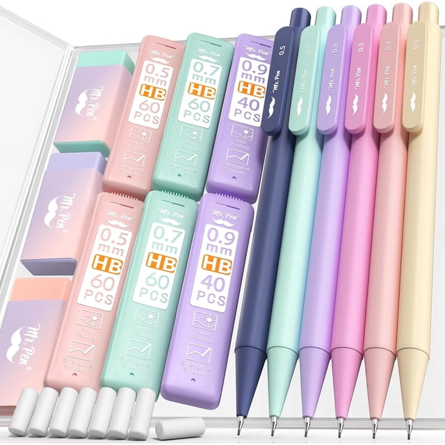 - Pastel Mechanical Pencil Set with Lead Refills & Erasers, 6 Pack, 3 Sizes, 0.5 0.7 & 0.9mm, Aesthetic Mechanical Pencils Set, Pastel Mechanical Pencils