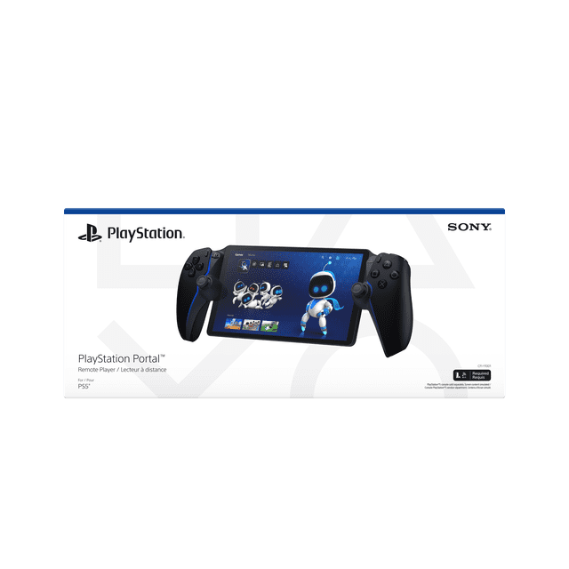 PlayStation Lecteur à Distance Portal pour console PS5 en Noir Minuit avec un Écran 8 Pouces 1080p Affichant des Personnages Astro Bot, Bordé de Manettes Ergonomiques Noires avec accents Bleus, sur Fond Blanc avec logos PlayStation et Sony, Idéal pour les Jeux Portatifs et le Jeu à Distance.