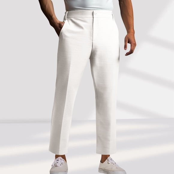 Mceream Mens Casual Suit Pants Fashion Office Business Work Trousers Solid Color Straight Leg Long Pants with Pockets White L