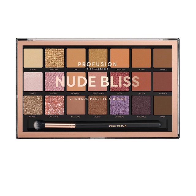 PROFUSION COSMETICS 21 Shade Eyeshadow Palette featuring 21 matte, shimmer, and glitter shades from golden taupe to dusty copper, rosy pink, and purple tones in a rectangular compact with a clear lid and included Pro Series brush, ideal for versatile everyday to glam eye looks on all skin tones.