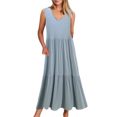 B91xZ Spring Dresses for Women Casual Deep V Neck Sleeveless Long Evening Dress Maxi Wedding Dresses,Light Blue XXL