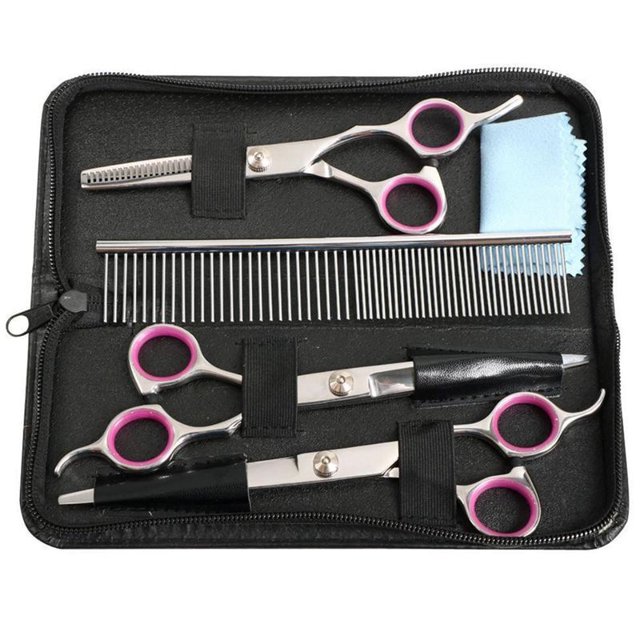 Ensemble de Ciseaux de Toilettage pour Chien avec Pointe Ronde de Sécurité, Trousse de Ciseaux pour Chien en Acier Inoxydable Robuste Incluant Ciseaux Amincissants pour Chien Ciseaux Courbés Ciseaux Droits et Peigne pour Soins des Poils de Chien et Chat