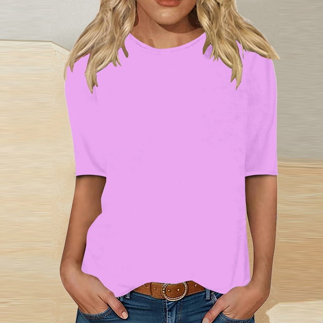 CFLVAEK T-Shirts Classiques à Manches 1/2 pour Femmes Grande Taille, Col Rond Décontracté, Blouse Unie, T-Shirts Confortables pour Dames 2025, Hauts de Sortie
