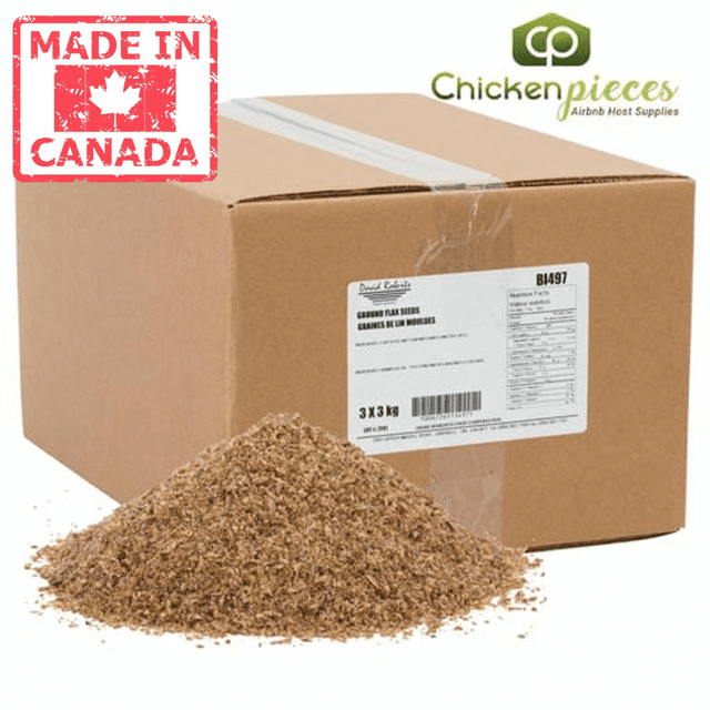 David Roberts Seed Flax Ground 3 Kg/6.61 Lbs (3/Case) - Canadian Made three front-facing resealable kraft bags labeled David Roberts, each 3 kg (6.61 lb) with visible nutrition panel and brown ground flax texture shown through a small clear panel, arranged side-by-side on a white background; often used in baking, smoothies and cereal.