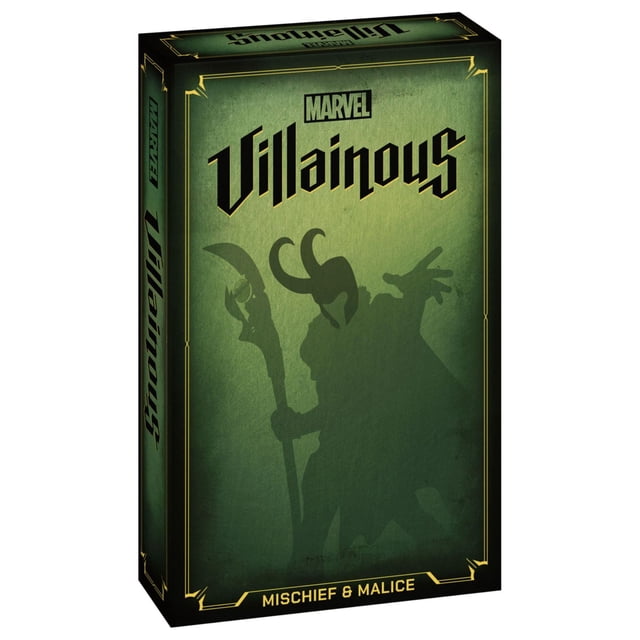 Marvel Villainous : Boîte de Jeu de Société Maléfique et Espièglerie avec Arrière-Plan Texturé Vert Foncé et Bordure Dorée, Présentant une silhouette d'Ombre de Loki Tenant un Bâton. Ce Jeu de Société de Stratégie Élargit la Ligne Marvel Villainous avec des Objectifs de Méchants Uniques et des Héros Emblématiques.