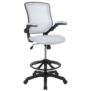 Mid-Back White Mesh Chaise de dessin ergonomique avec anneau de pied réglable et bras rabattables