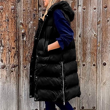jsaierl Womens Plus Puffer Vest,Puffer Vest Women Oversized Sleeveless Winter Coats Warm Zip Up Hoodie Casual Cotton Padded Jacket Long Outerwear
