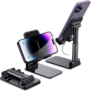 Delaman Support de téléphone portable réglable pour support de bureau en berceau compatible avec tous les téléphones portables, interrupteur, tablette(noir)