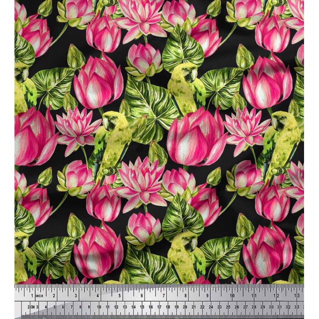 Soimoi Viscose Chiffon Fabric Parrot,Leaves & Lotus Floral Print Fabric by the Yard 42 Inch Wide