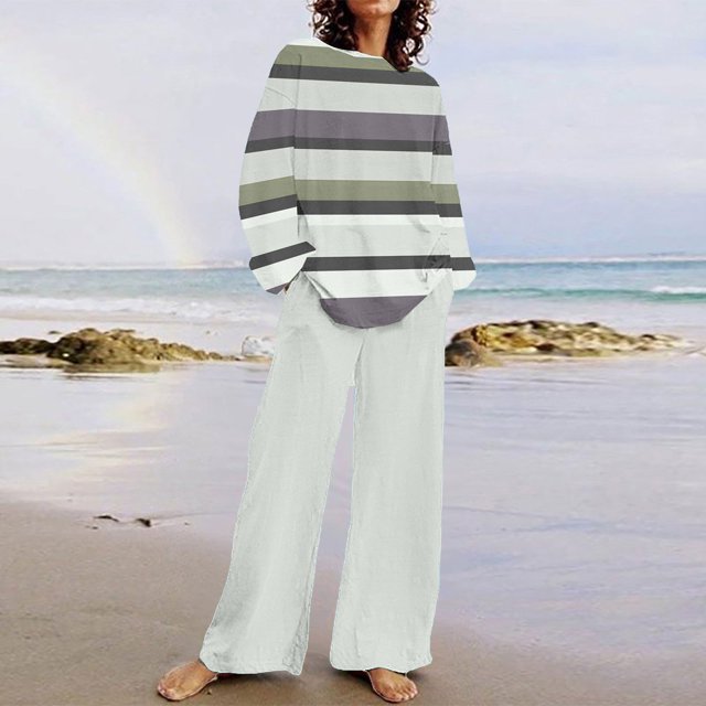 TIMIFIS Ensemble 2 Pcs d'Automne pour Femmes, Décontracté, Ample, Col Rond, Rayé, Haut à Manches Longues et Ensemble Pantalon à Jambe Grand Uni