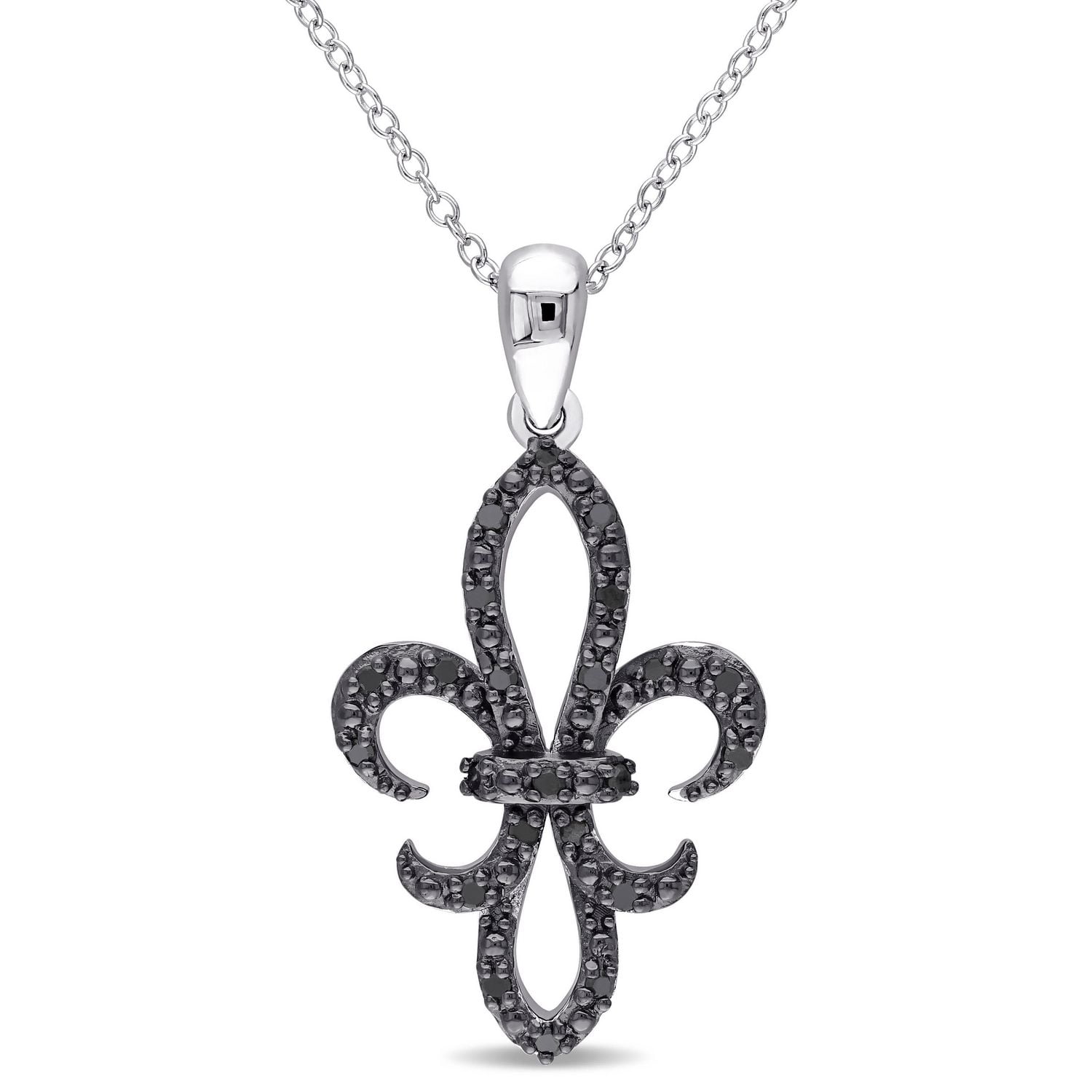 Pendentif fleur de lys Asteria avec diamants noirs 1/4 CT poids total en argent sterling, 18 po