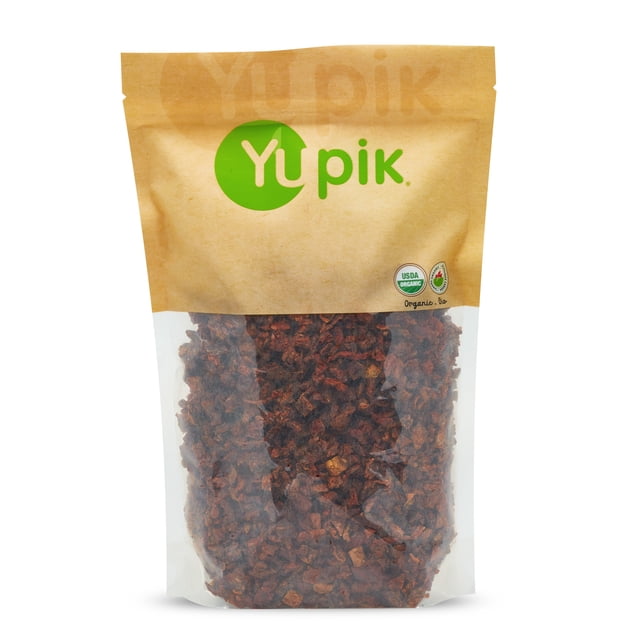 Yupik Organic Diced Sundried Tomatoes, 1kg, packaged in a resealable brown and clear bag with visible diced sun-dried tomatoes inside. The bag features the Yupik logo in green, USDA organic certification labels, and is ideal for savory cooking applications. Salt-cured and chewy in texture, these dried tomatoes are perfect for recipes or snacking.