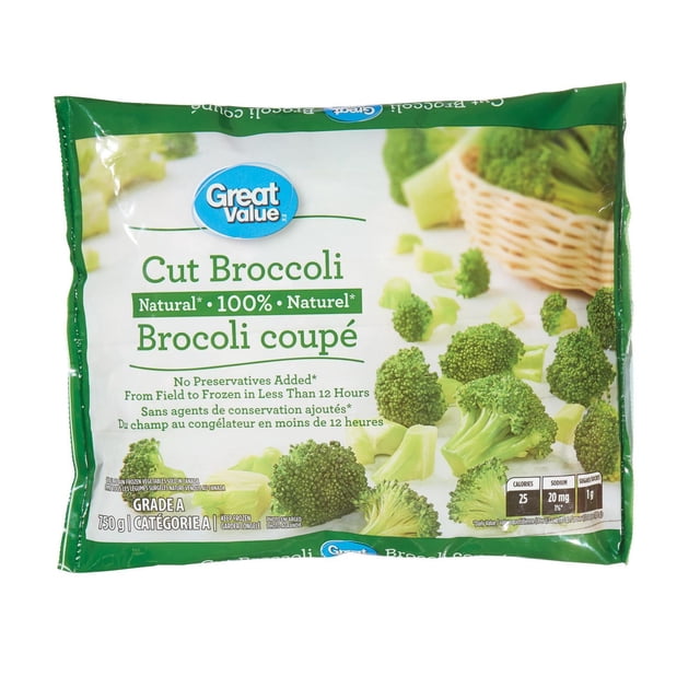 Great Value Frozen Cut Broccoli 750 g bag showing green cut broccoli florets with bilingual English-French text highlighting natural quality and no preservatives, ideal for frozen vegetable meals, soups, or side dishes.